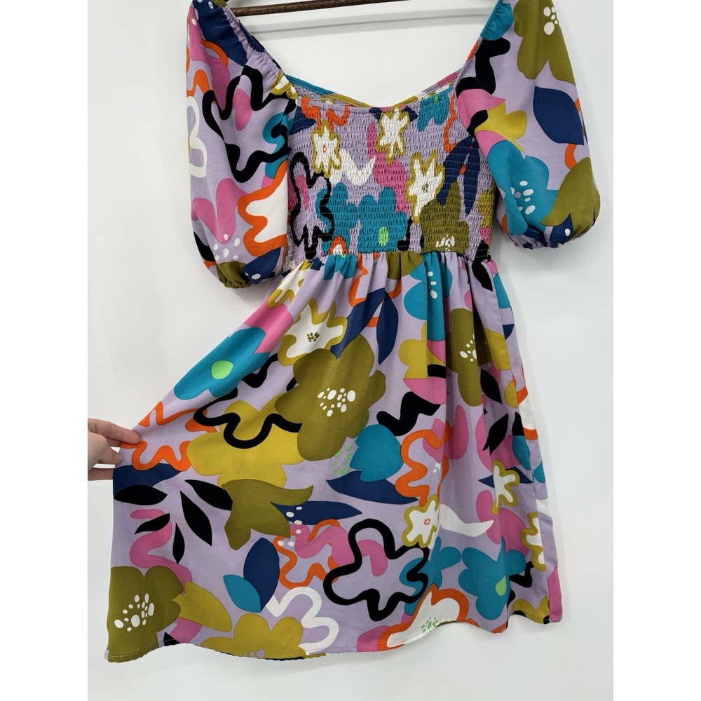 Retro Mod Floral Mini Dress Smocked Bodice Puff Sleeve Colorful Groovy 70s - Picture 12 of 13